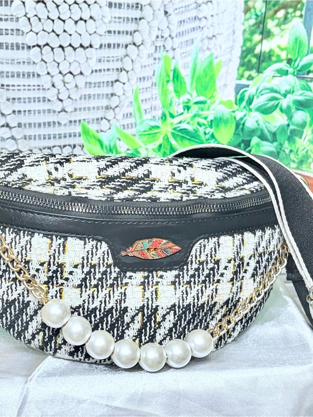 Boutique 9 Black and White Tweed Crossbody with Pearl Chain